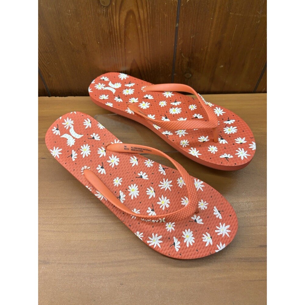 Hurley Flip Flop Orange Motif Daisy Sandals Womens Size 9